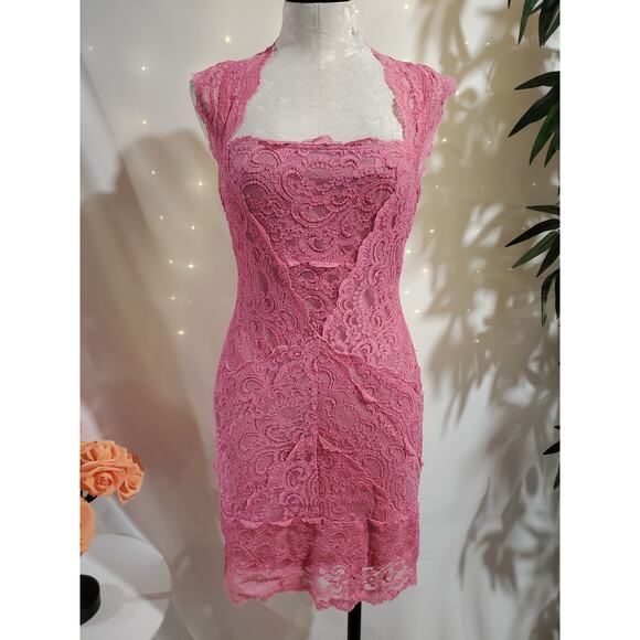 Vtg Nicole Miller Lace Square Neck Bodycon Sheath Dress size M Coquette Pink Y2K - Picture 1 of 13